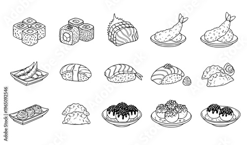 Hand drawn Japanese appetizer food outline vector set with sushi tempura gyoza edamame and traditional cuisine collection