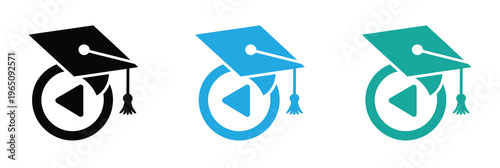 Graduation cap on play button icon set for education and learning Vector illustration