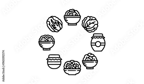 Korean kimchi outline icon set in circular layout with cabbage kimchi bowls jars and fermented food vector illustration