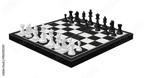 Isometric view of a chessboard with pieces on a white background.