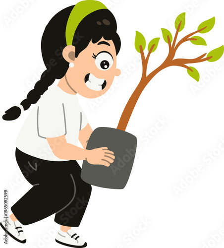 Anak Perempuan Membawa Pot Bibit Pohon