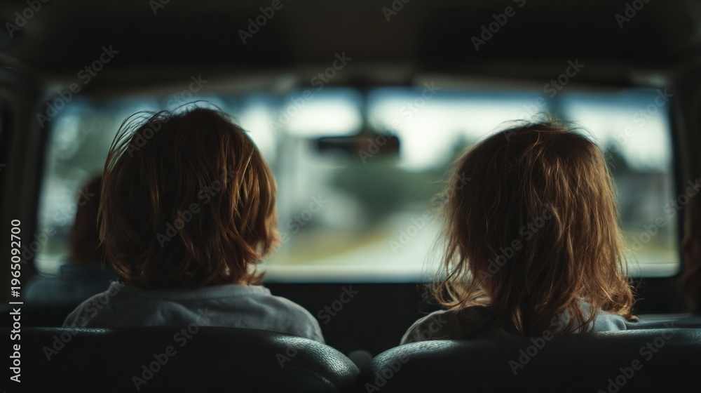 Fototapeta premium Children seated inside school van from rear view, soft window light, no visible faces, student transportation scene