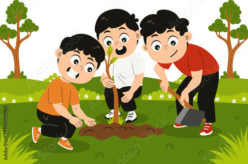 Kelompok Anak Menanam Pohon di Taman