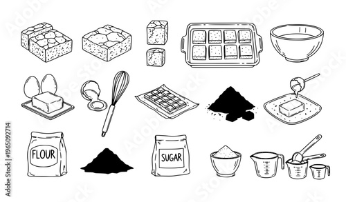Hand drawn chocolate brownie recipe outline vector set with ingredients and baking tools isolated on white background