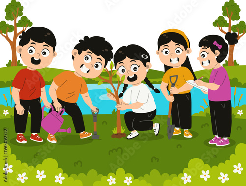 Kids Working Together Planting Trees Outdoors