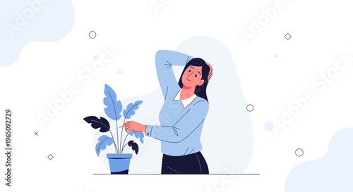 Woman tending to houseplant, thoughtful pose, minimalist flat illustration