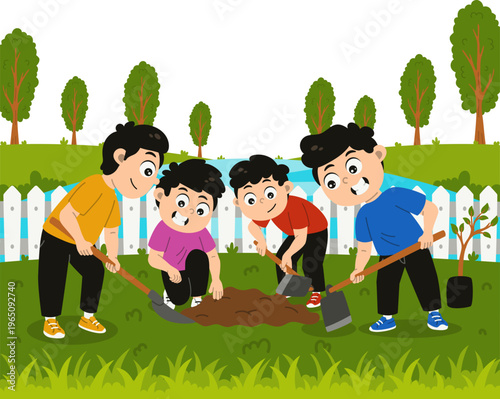 Anak-anak Kerja Tim Menanam Pohon di Taman