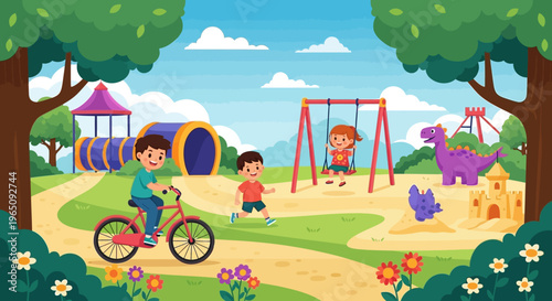 Illustration of children playing on a swing set and riding a bike in a colorful park with trees and flowers.