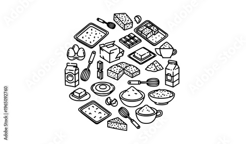 Chocolate brownie recipe outline icon set in circular layout with ingredients baking tools and dessert vector illustration