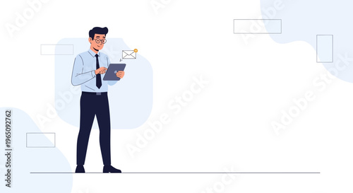 Man using tablet with email notification, business concept, modern flat illustration