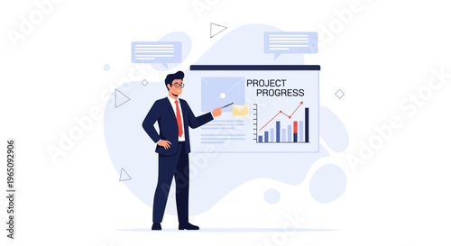 Businessman presenting project progress chart on a whiteboard with data analysis