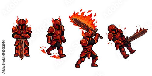 pixel art asset featuring a medieval fire knight character with glowing orange flames, heavy red armor, and a burning greatsword.