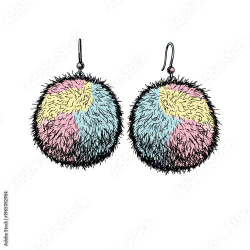 Colorful pompom earrings with pastel hues isolated on white background, showcasing intricate texture and vibrant design