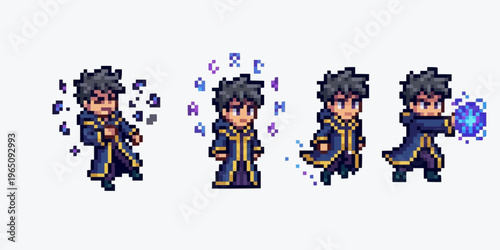 pixel art asset of a young male sorcerer in a blue and gold robe casting magic runes and energy orbs.