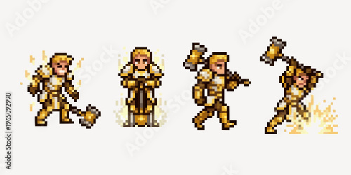 pixel art asset of a brave paladin in shining gold armor wielding a massive war hammer with light effects.