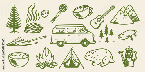 Camping themed doodle set featuring a van and outdoor elements silhouette
