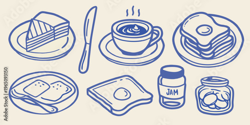 Breakfast items arranged in a circular pattern hand drawn silhouette