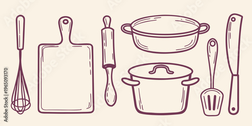 Hand drawn kitchen utensils including pots pans and tools silhouette