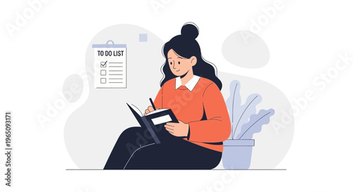 Woman writing in notebook, to do list on wall, planning and organization concept