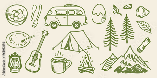 Hand drawn camping elements including a van and mountain silhouette