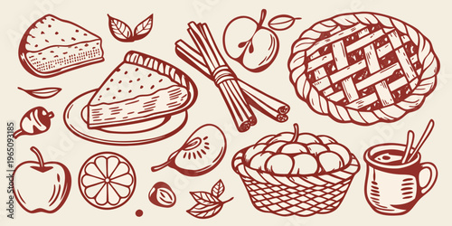 Autumnal still life featuring baked goods and fruit hand drawn silhouette