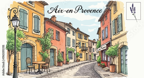 Illustrazione di una pittoresca strada di Aix-en-Provence con edifici colorati, tavolino da caffè e pavimentazione in ciottoli in stile acquerello.