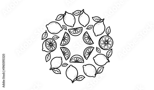 Lemon and leaf outline icon set in circular layout with citrus slices wedges and whole fruit vector illustration