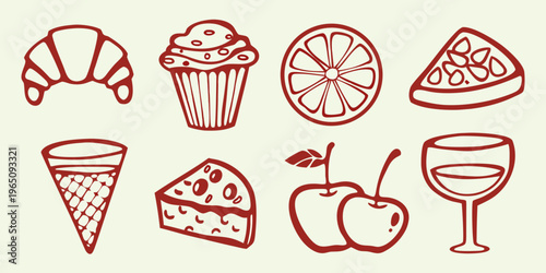 Collection of dessert and drink illustrations in a red outline silhouette