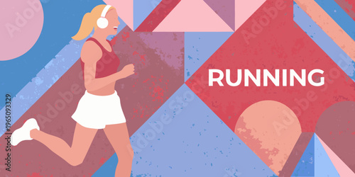 A woman running with headphones against a vibrant geometric background silhouette