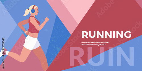 A woman runs with headphones depicted in a striking vector silhouette