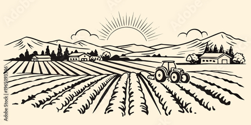 Rural landscape with a tractor and farm buildings black outline silhouette