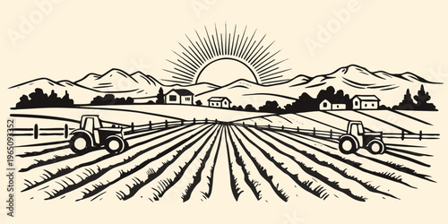 Vintage farm landscape with tractors and mountains a striking silhouette