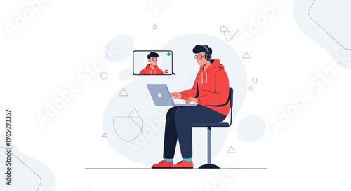 Young man in headphones having video call on laptop, remote work, online communication