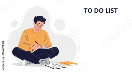 Young Man Writing To Do List, Planning Tasks, Studying, Working Remotely