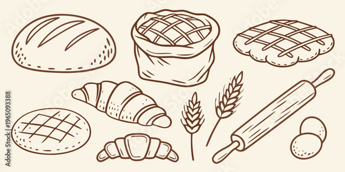 Sketch of assorted breads wheat and baking tools a warm silhouette