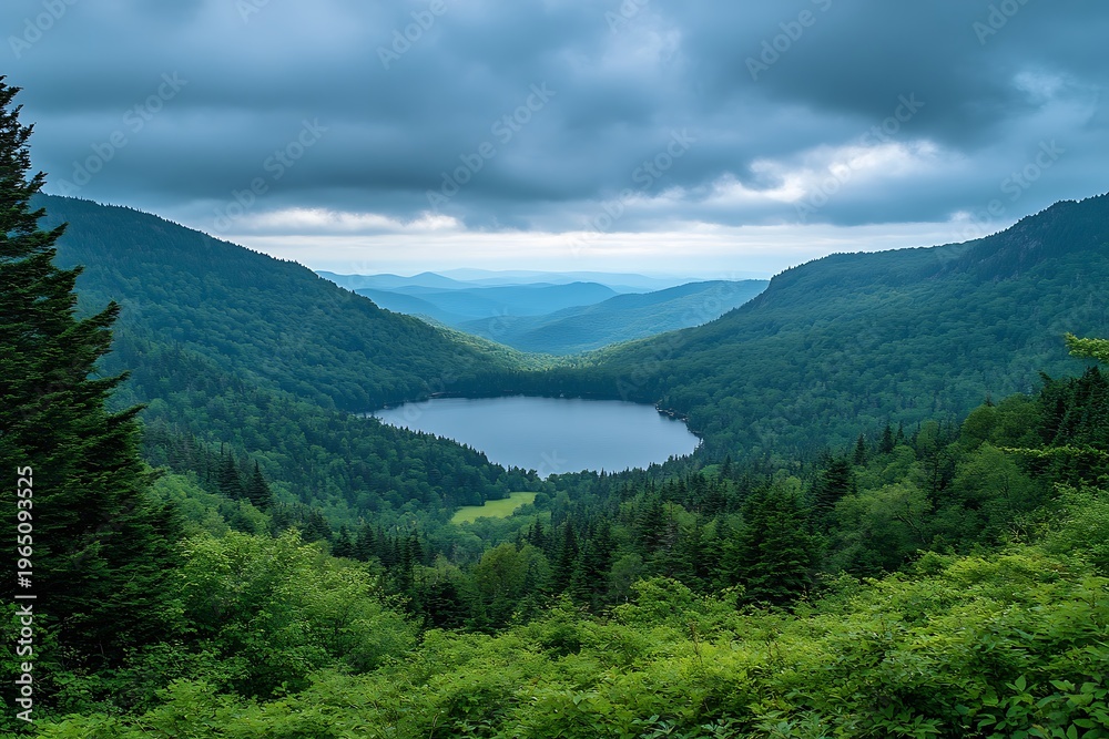 Fototapeta premium Dramatic deep blue lake surrounded by towering green mountain forests