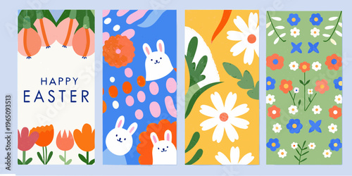 Four colorful easter bookmark designs with floral and animal silhouettes