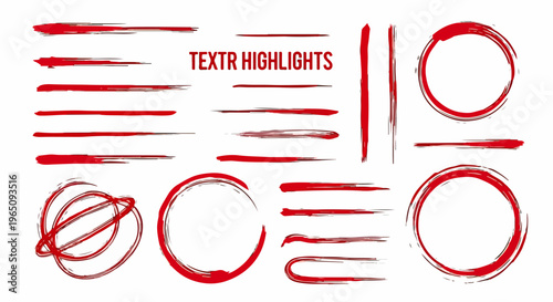 Set di elementi grafici rossi con pennellate artistiche, cerchi grunge e sottolineature per evidenziare testi e documenti importanti.