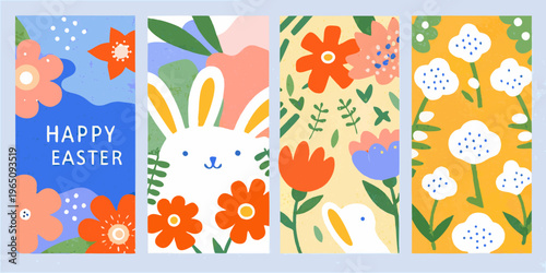 Four colorful easter banners with floral designs and a rabbit silhouette