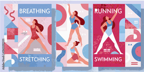 Women exercising with dynamic poses in a colorful geometric silhouette