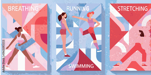 Colorful illustrations depict women exercising breathing running stretching swimming silhouette