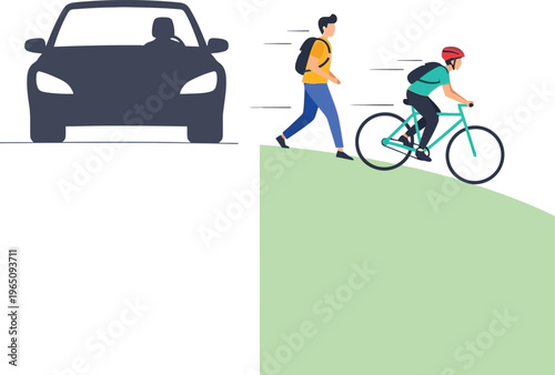 Illustration of a cyclist and pedestrian using eco-friendly transportation methods with a car in the background, conveying a gas saving and fuel efficiency concept.