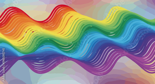 Sfondo astratto con onde arcobaleno dai colori vivaci e linee fluide che creano un effetto di movimento dinamico su una trama pastello.