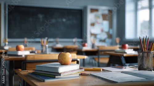 Classroom board with desk supplies, empty school classroom interior, indoor education concept