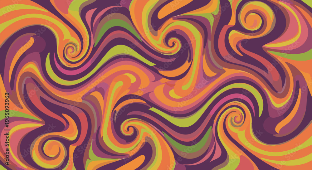 Obraz premium Sfondo astratto con vortici psichedelici colorati in tonalità di viola, arancione e verde, perfetto per design retrò e creativi moderni.