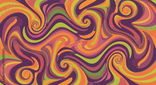 Sfondo astratto con vortici psichedelici colorati in tonalità di viola, arancione e verde, perfetto per design retrò e creativi moderni.