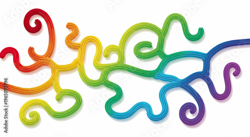 Illustrazione astratta con linee curve e spirali colorate che creano un intreccio dinamico e vivace su uno sfondo bianco pulito.