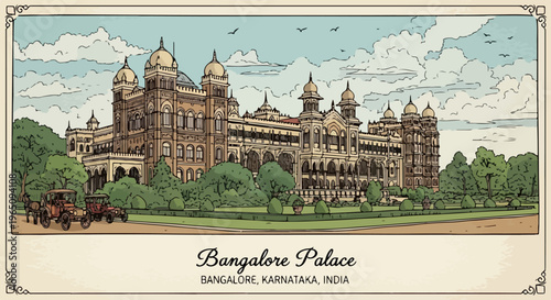Illustrazione vintage del Palazzo di Bangalore in Karnataka, India, con carrozze a cavalli e architettura maestosa circondata da giardini verdi.