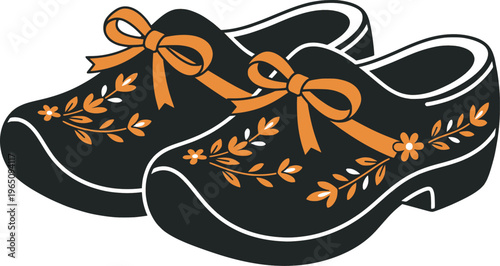 Dutch wooden clogs with orange ribbons and blooming flowers

