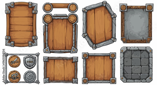 Set di cornici in legno e pietra per interfaccia utente di videogiochi fantasy con icone, scudi e bordi decorativi in stile cartoon.